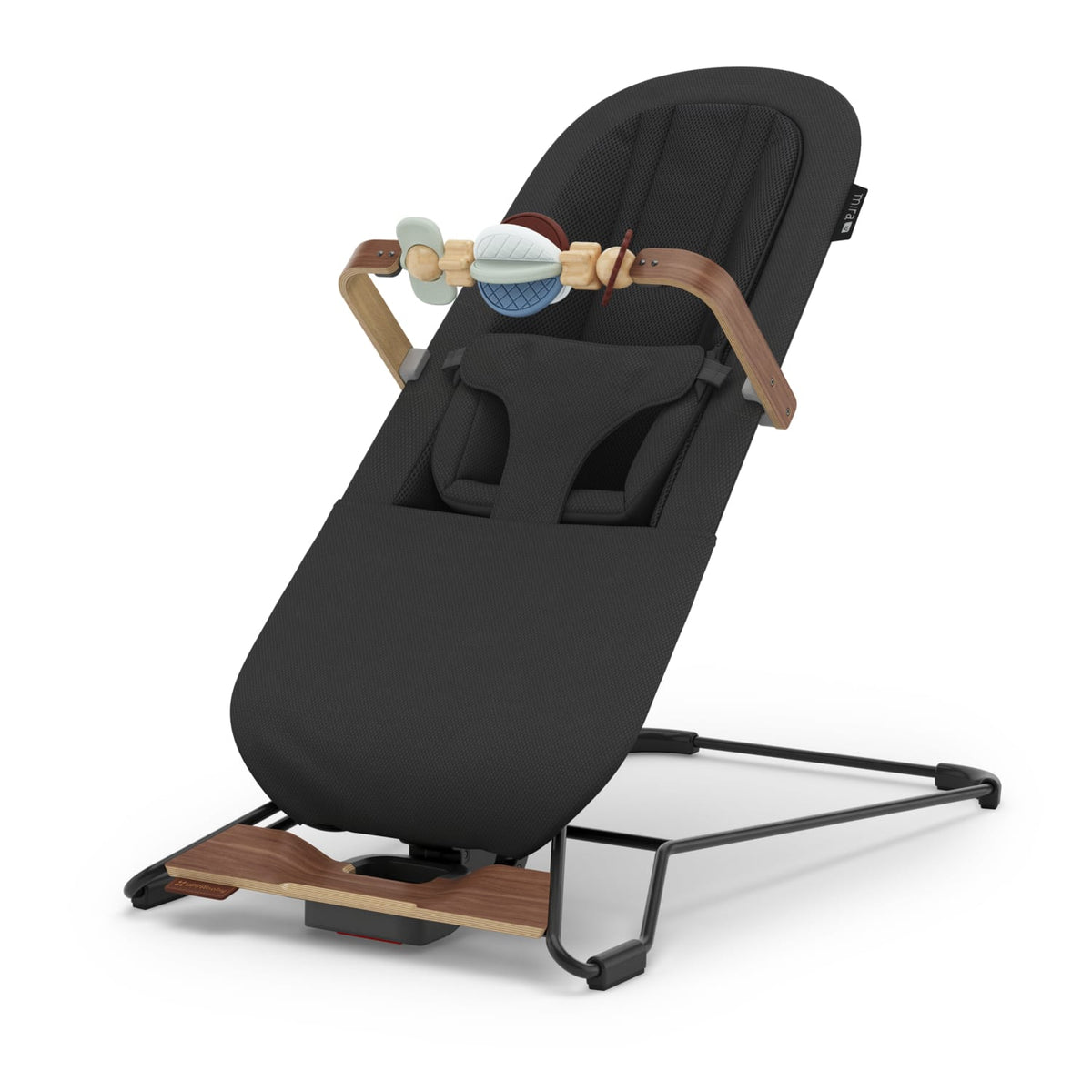 UPPAbaby Mira bouncer in black with wooden accents and toy bar