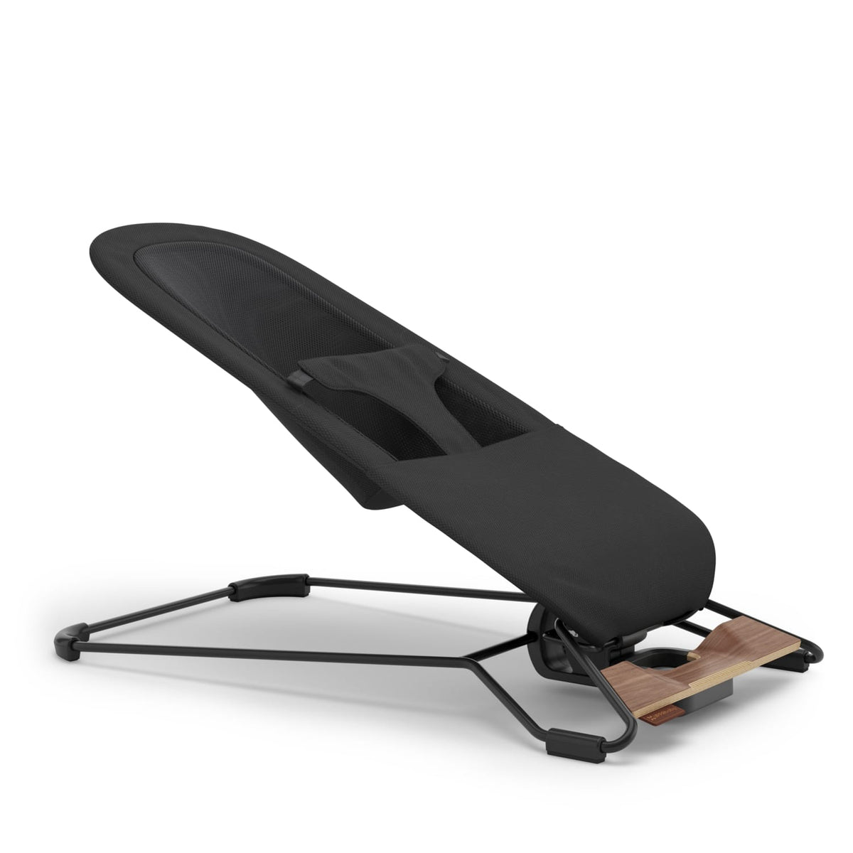 Black UPPAbaby baby bouncer with a metal frame and wooden base detail