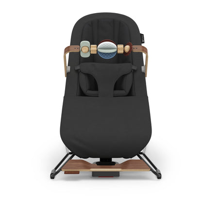UPPAbaby Mira bouncer in black with wooden accents and toy bar