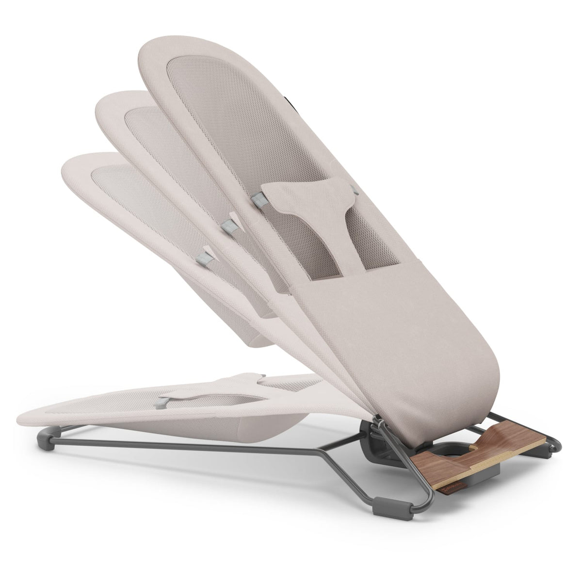 UPPAbaby baby bouncer showing three adjustable recline positions in beige fabric