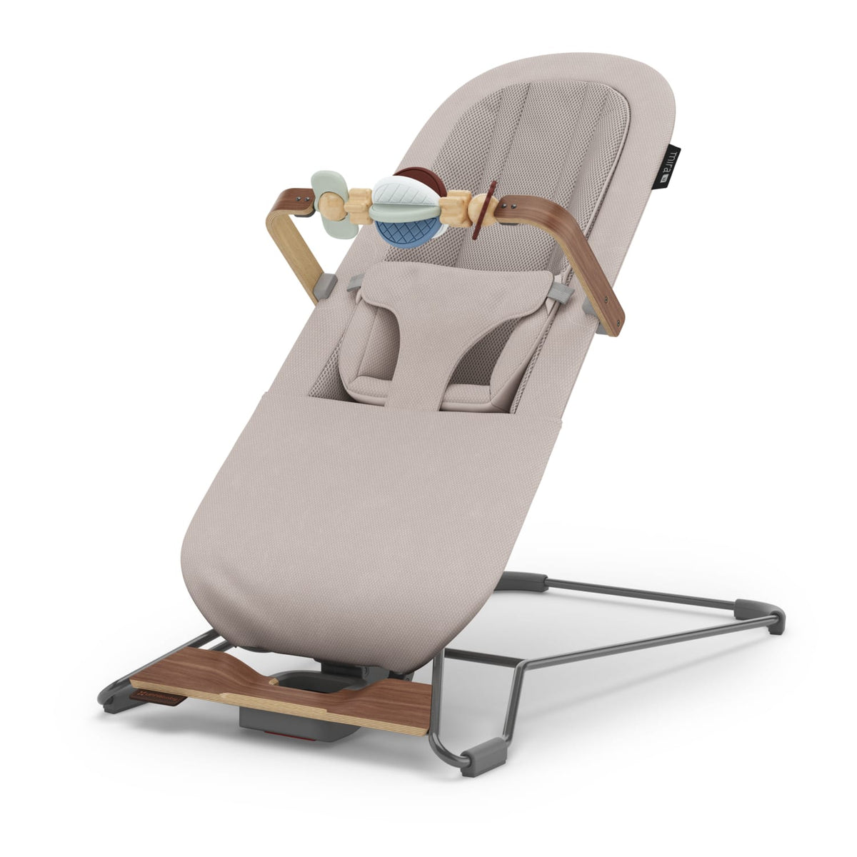 UPPAbaby Mira bouncer in beige with wooden frame and toy bar
