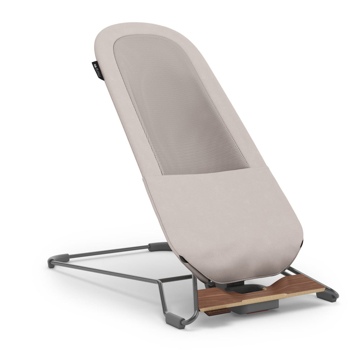 UPPAbaby Mira bouncer in beige with a metal frame and wooden base