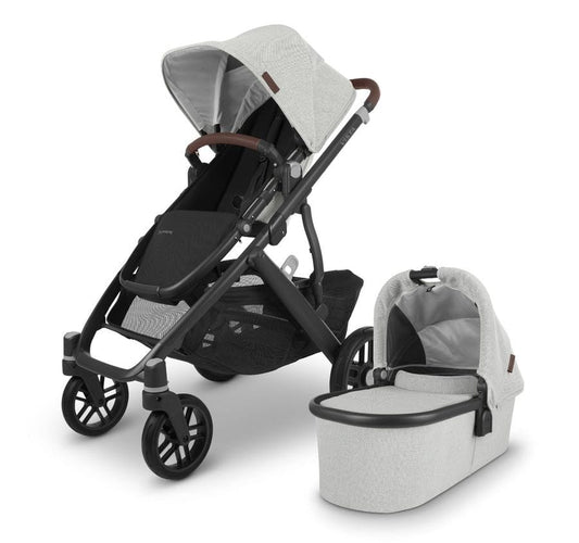 UPPAbaby OPEN BOX Vista V2 Single-to-Double Stroller - Anthony (White and Grey Chenille / Carbon / Chestnut Leather) - 0320-VIS-US-ATH-fob