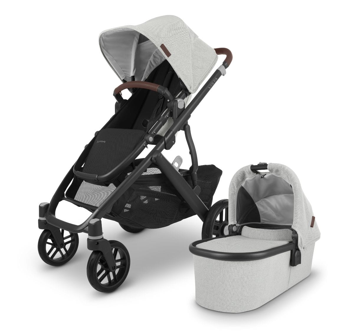 UPPAbaby OPEN BOX Vista V2 Single-to-Double Stroller - Anthony (White and Grey Chenille / Carbon / Chestnut Leather) - 0320-VIS-US-ATH-ob