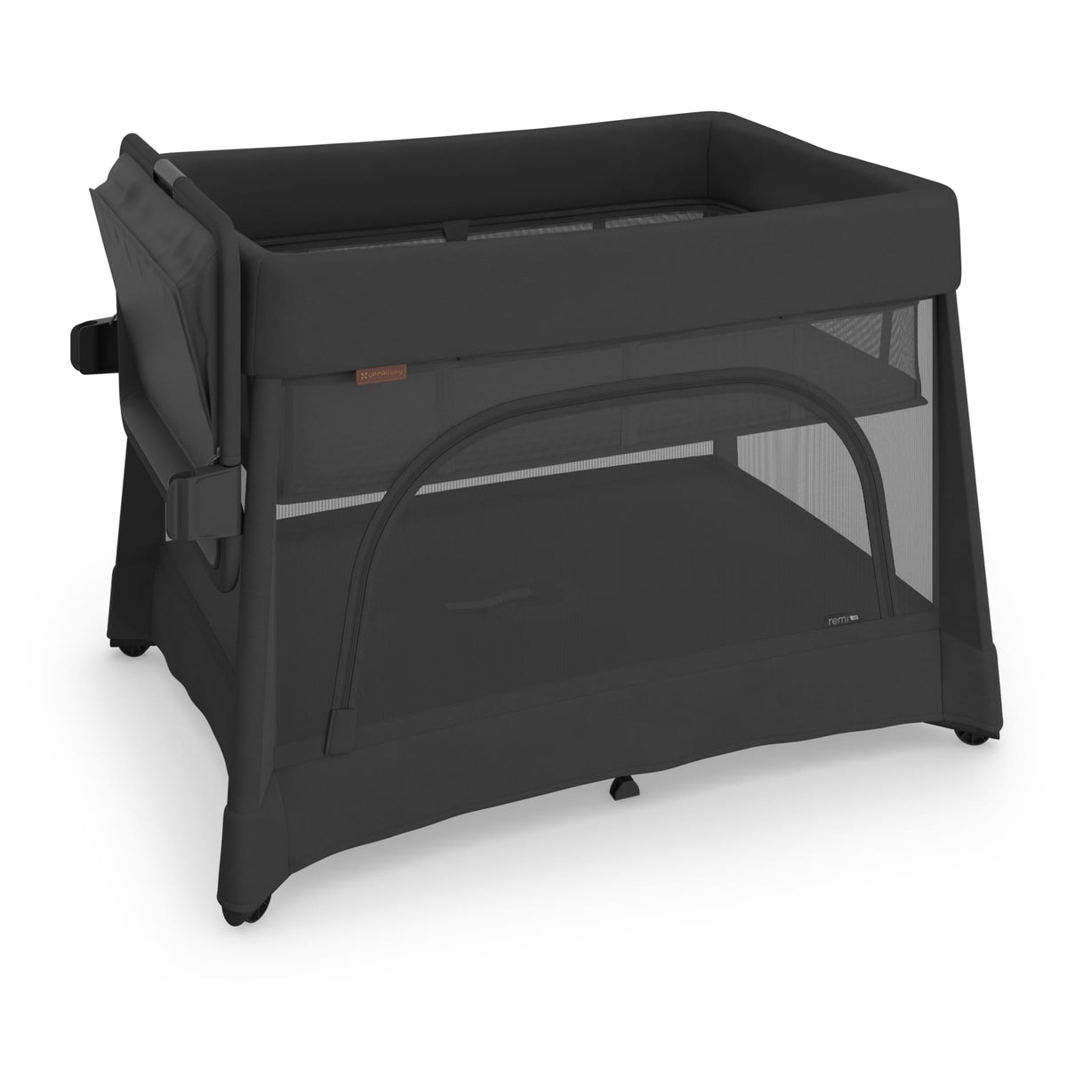 Black UPPAbaby Remi playard with mesh sides and elevated bassinet