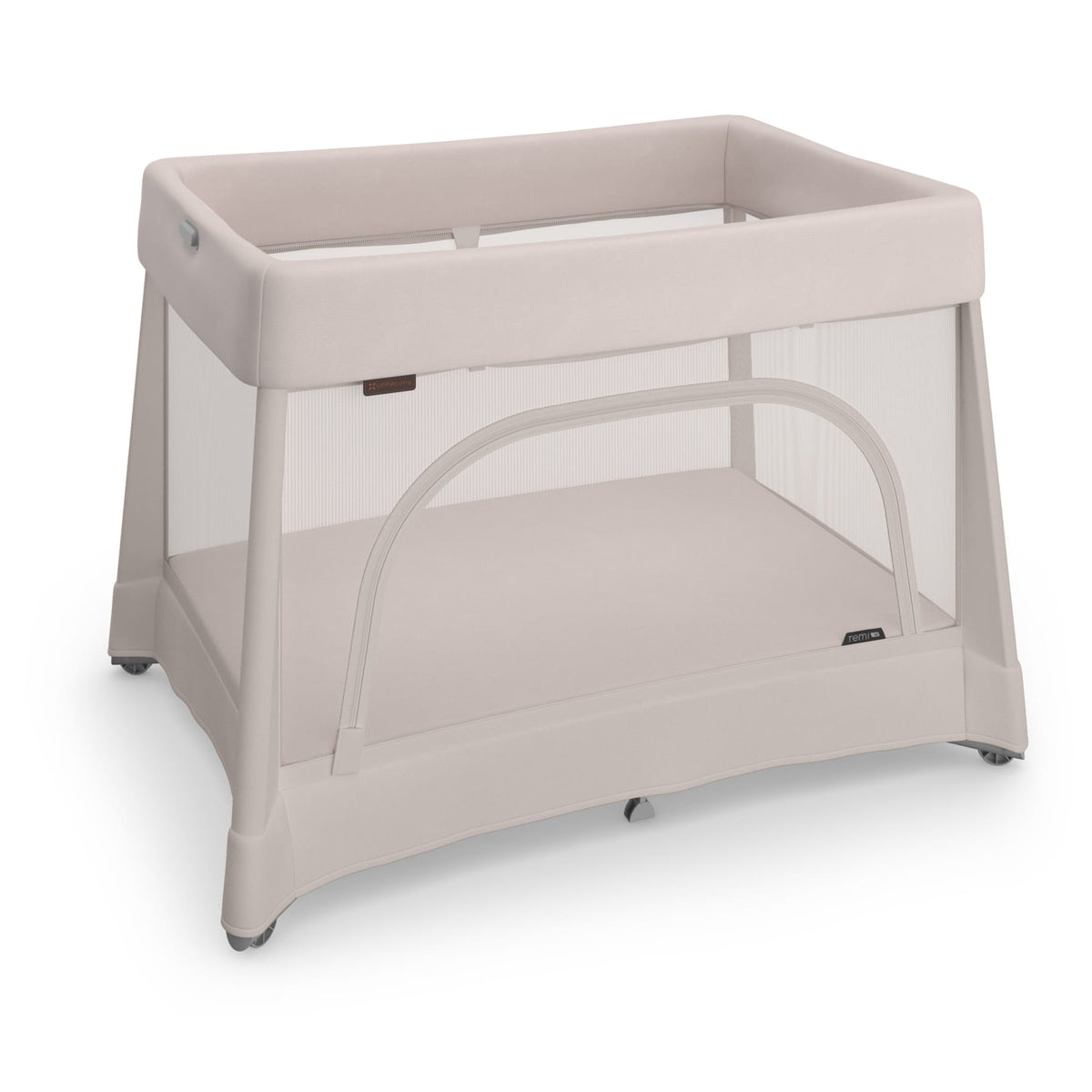 UPPAbaby Remi playard in beige with mesh sides and zippered side opening