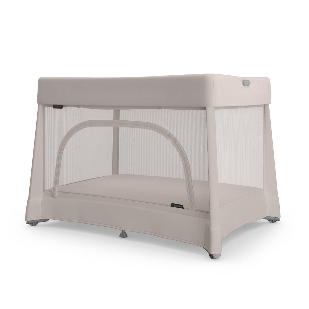 UPPAbaby Remi playard in beige with mesh sides and zippered side opening