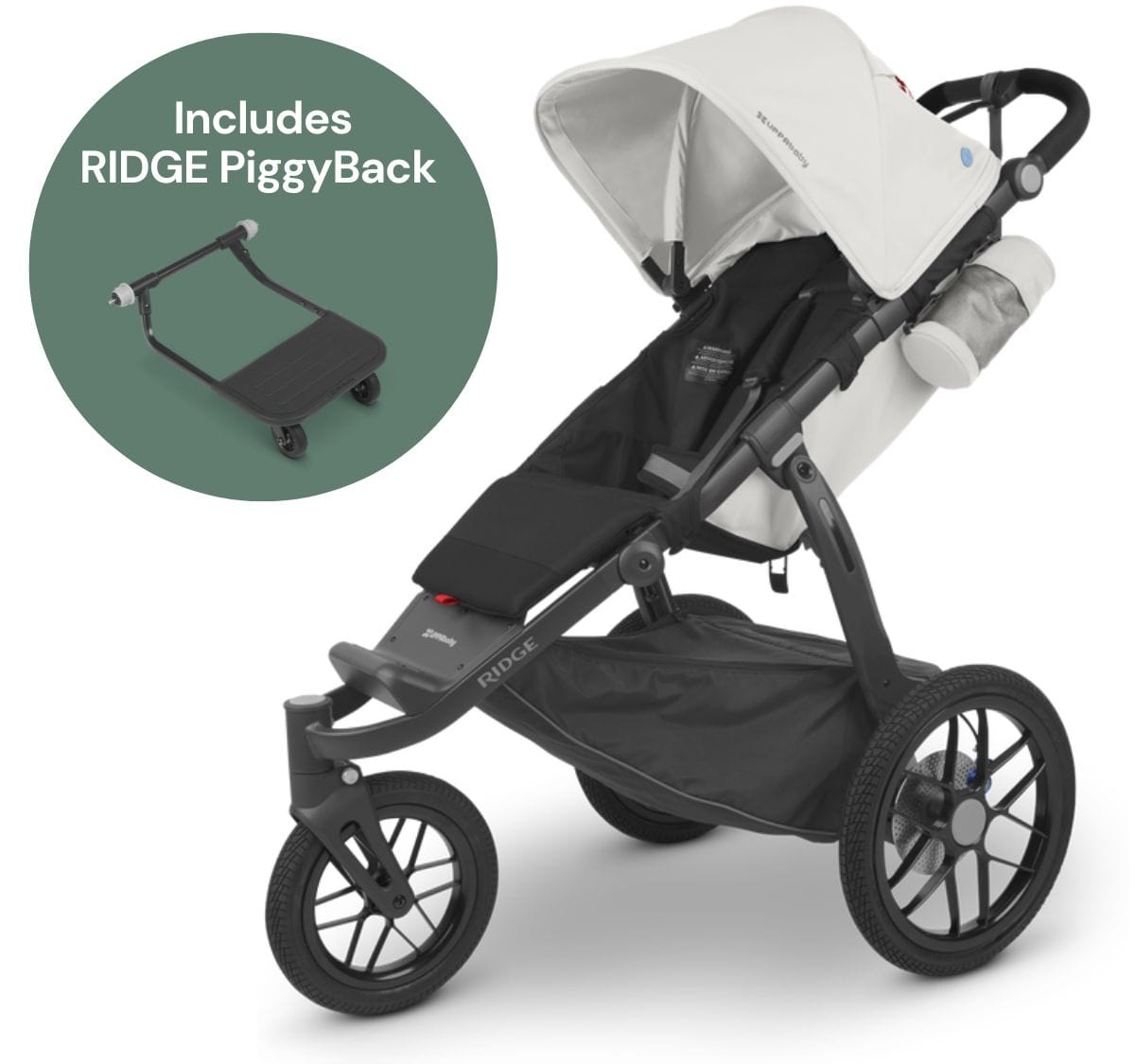 UPPAbaby Ridge Jogging Stroller + PiggyBack Ride-Along Bundle - Bryce (White / Carbon) - 1402-RDG-US-BRY-0901-RPB-WW