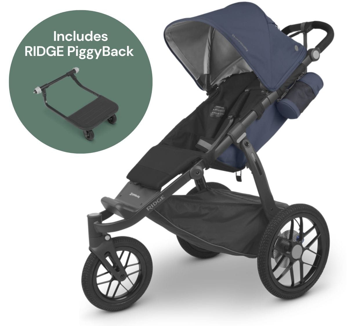 UPPAbaby Ridge Jogging Stroller + PiggyBack Ride-Along Bundle - Reggie (Slate Blue / Carbon) - 1402-RDG-US-REG-0901-RPB-WW