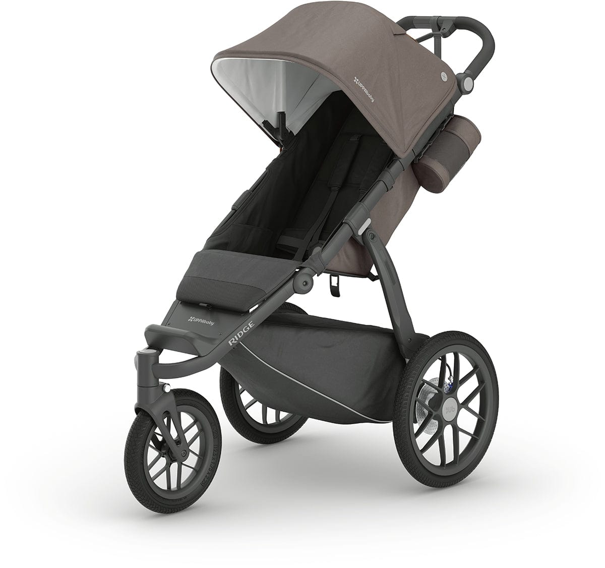 Dark taupe and carbon Ridge jogging stroller by UPPAbaby, featuring large air-filled wheels, adjustable canopy, and side view angle