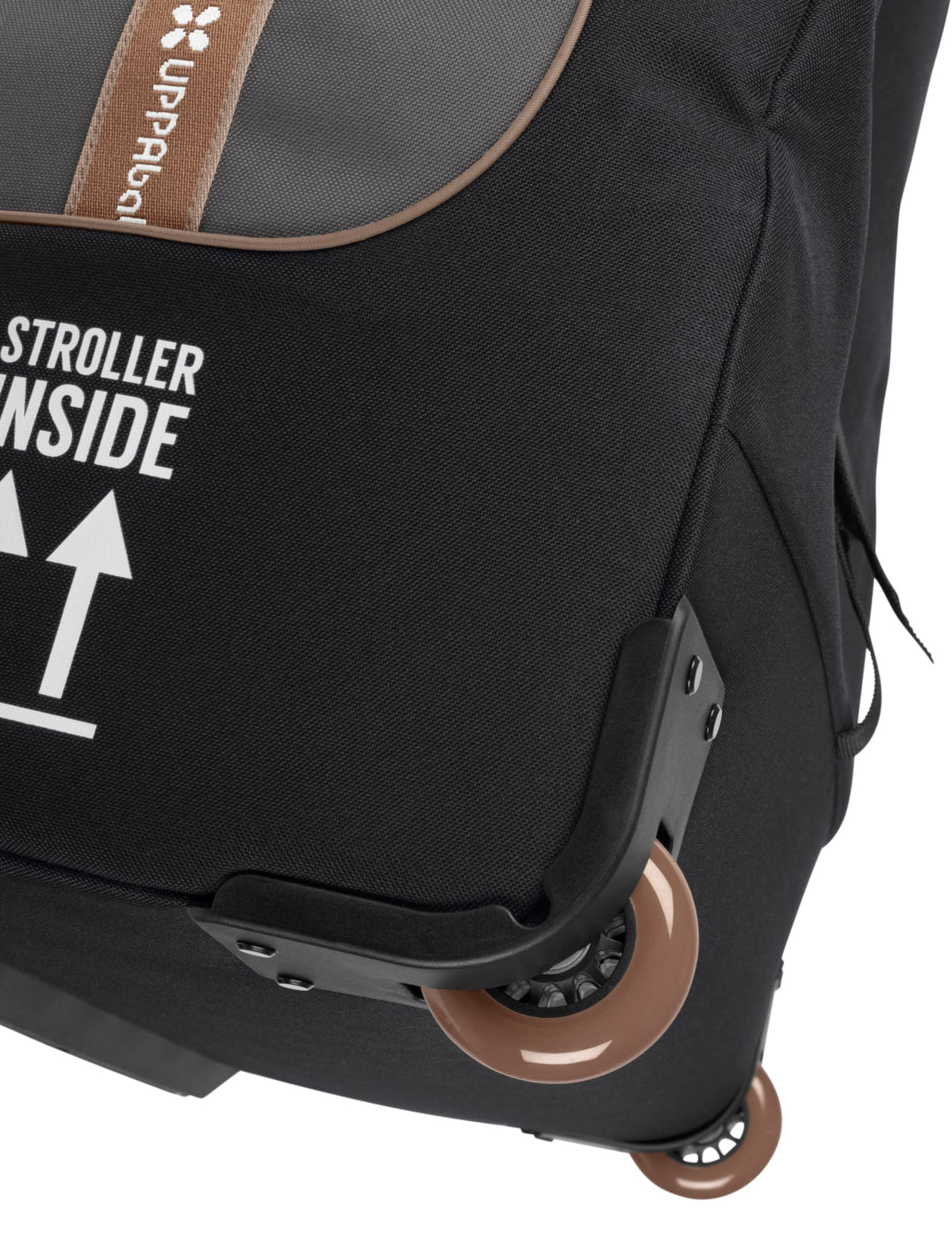Close up of UPPAbaby travel bag wheel and branded fabric