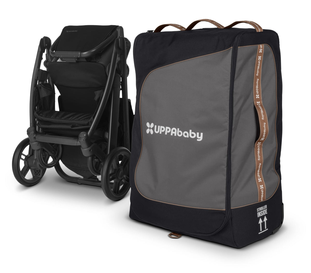 UPPAbaby folded stroller next to a black and grey travel bag