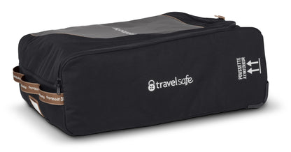 Black UPPAbaby TravelSafe stroller travel bag with brown handles and white logo
