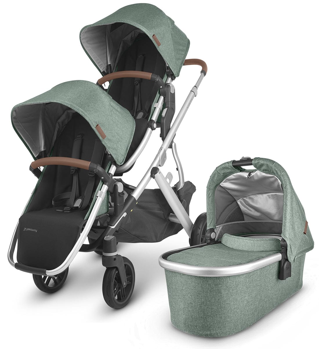 UPPAbaby VISTA V2 Double Stroller Bundle - Emmett (Green Melange/Silver/Saddle Leather) - DBL-0320-VIS-US-EMT