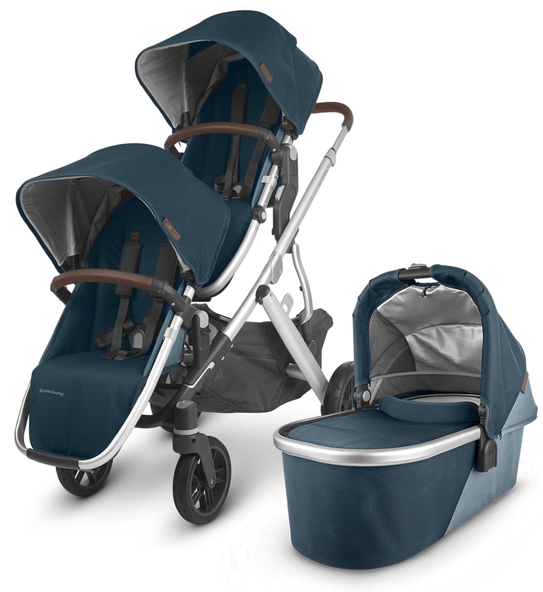 UPPAbaby VISTA V2 Double Stroller Bundle - Finn (Deep Sea/Silver/Chestnut Leather) - DBL-0320-VIS-US-FIN