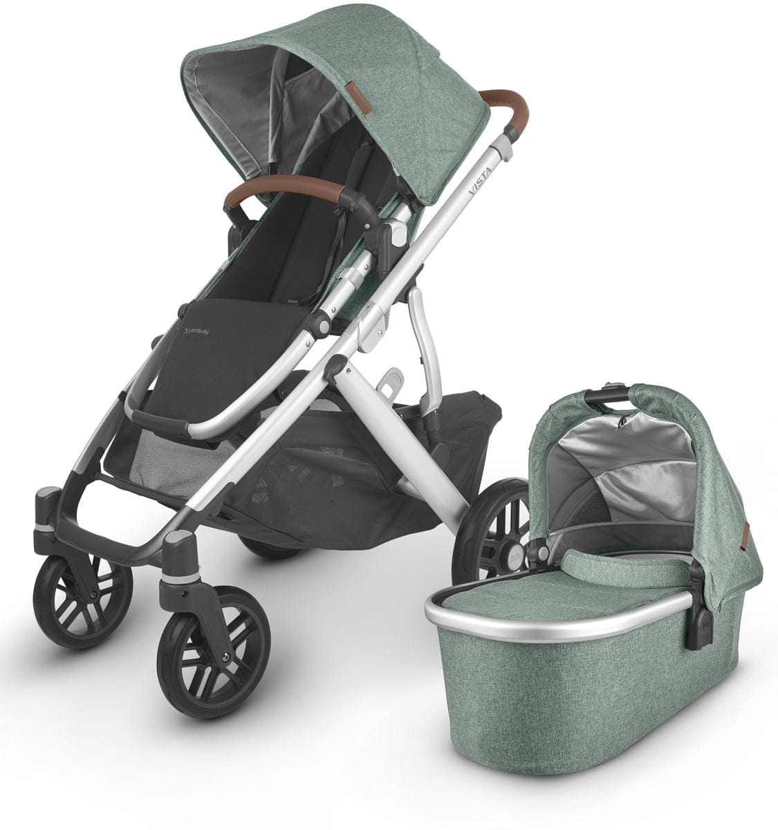 UPPAbaby Vista V2 Single-to-Double Stroller - Emmett (Green Melange/Silver/Saddle Leather) - 0320-VIS-US-EMT