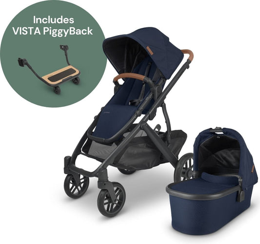 UPPAbaby Vista V2 Single-to-Double Stroller + PiggyBack Ride-Along Bundle - Noa (Navy/Carbon/Saddle Leather) - 0320-VIS-US-NOA-0217