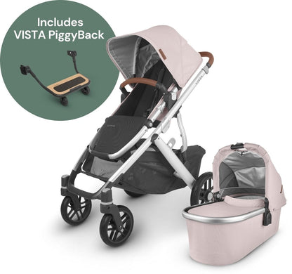 UPPAbaby Vista V2 Single-to-Double Stroller + PiggyBack Ride-Along Bundle - Alice (Dusty Pink/Silver/Saddle Leather) - 0320-VIS-US-ALC-0217