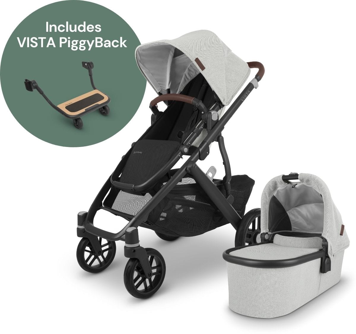 UPPAbaby Vista V2 Single-to-Double Stroller + PiggyBack Ride-Along Bundle - Anthony (White and Grey Chenille / Carbon / Chestnut Leather) - 0320-VIS-US-ATH-0217