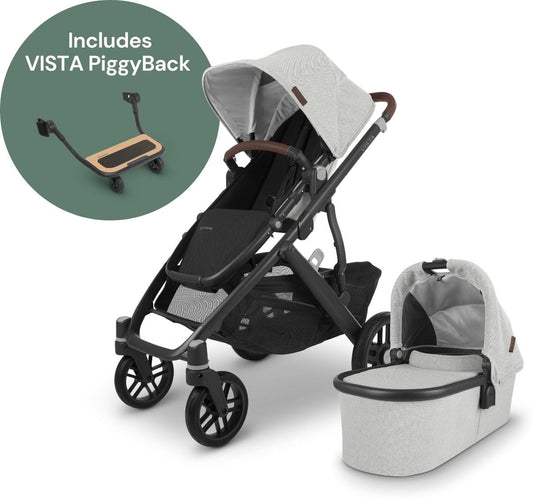 UPPAbaby Vista V2 Single-to-Double Stroller + PiggyBack Ride-Along Bundle - Anthony (White and Grey Chenille / Carbon / Chestnut Leather) - 0320-VIS-US-ATH-0217