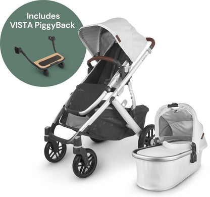 UPPAbaby Vista V2 Single-to-Double Stroller + PiggyBack Ride-Along Bundle - Bryce (White Marl/Silver/Chestnut Leather) - 0320-VIS-US-BRY-0217