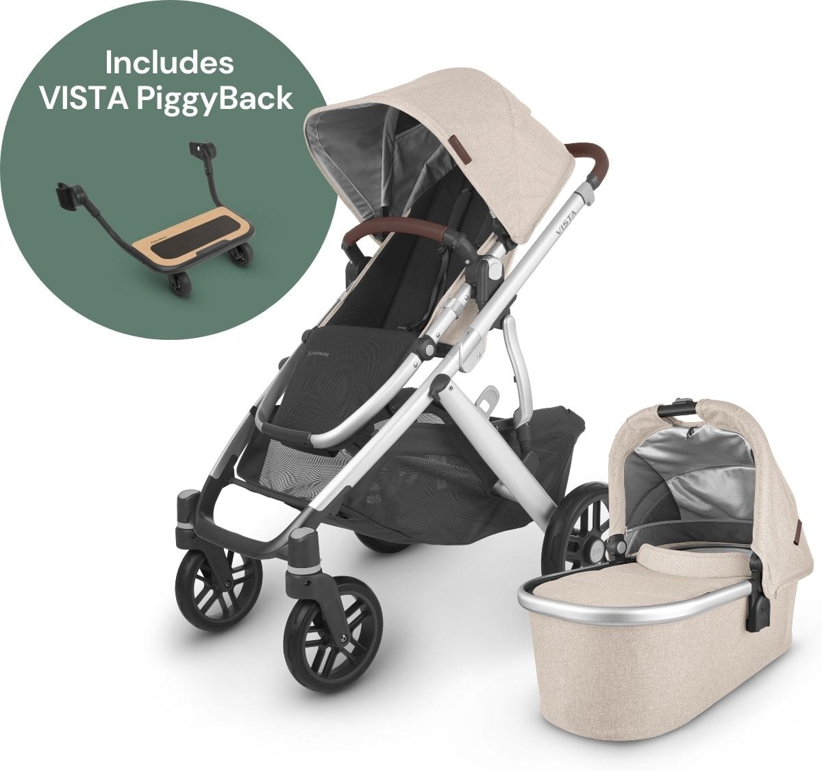 UPPAbaby Vista V2 Single-to-Double Stroller + PiggyBack Ride-Along Bundle - Declan (Oat Melange/Silver/Chestnut Leather) - 0320-VIS-US-DCL-0217