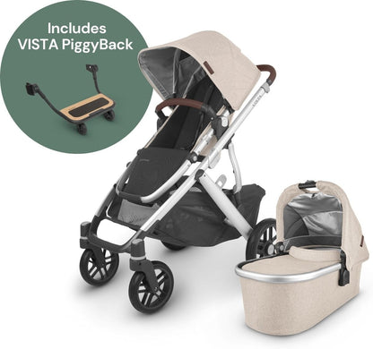 UPPAbaby Vista V2 Single-to-Double Stroller + PiggyBack Ride-Along Bundle - Declan (Oat Melange/Silver/Chestnut Leather) - 0320-VIS-US-DCL-0217