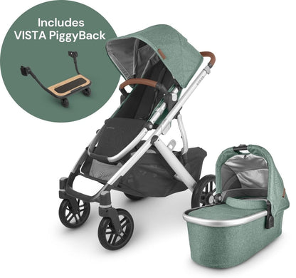 UPPAbaby Vista V2 Single-to-Double Stroller + PiggyBack Ride-Along Bundle - Emmett (Green Melange/Silver/Saddle Leather) - 0320-VIS-US-EMT-0217