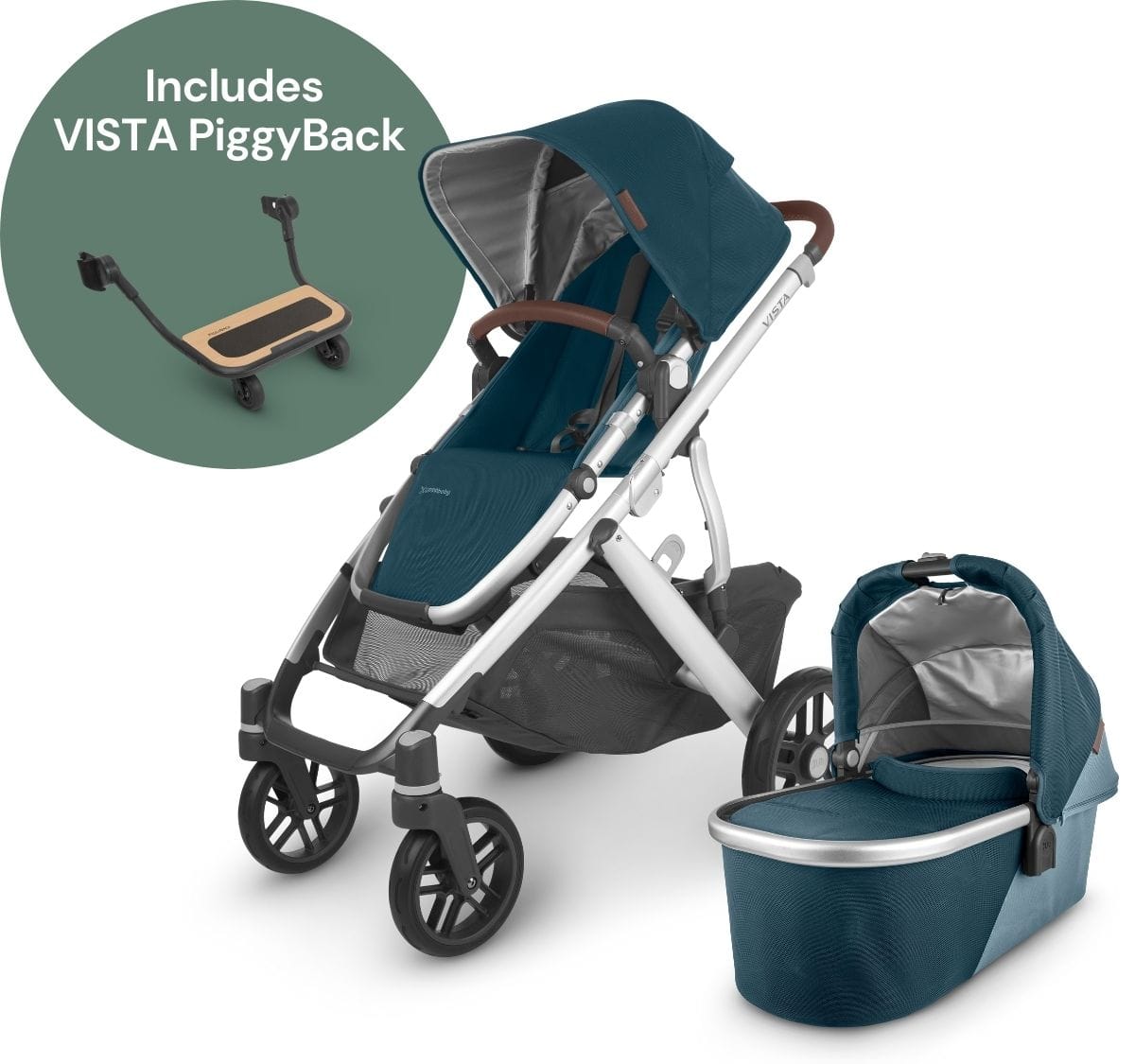UPPAbaby Vista V2 Single-to-Double Stroller + PiggyBack Ride-Along Bundle - Finn (Deep Sea/Silver/Chestnut Leather) - 0320-VIS-US-FIN-0217