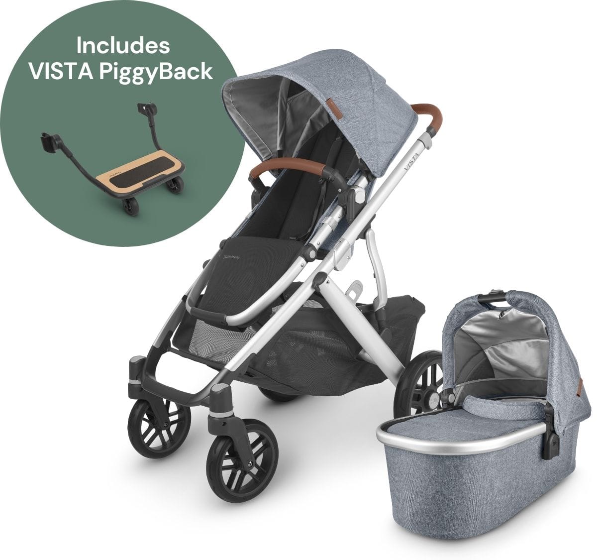 UPPAbaby Vista V2 Single-to-Double Stroller + PiggyBack Ride-Along Bundle - Gregory (Blue Melange/Silver/Saddle Leather) - 0320-VIS-US-GRG-0217