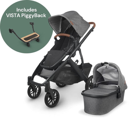 UPPAbaby Vista V2 Single-to-Double Stroller + PiggyBack Ride-Along Bundle - Greyson (Charcoal Melange/Carbon/Saddle Leather) - 0320-VIS-US-GRY-0217