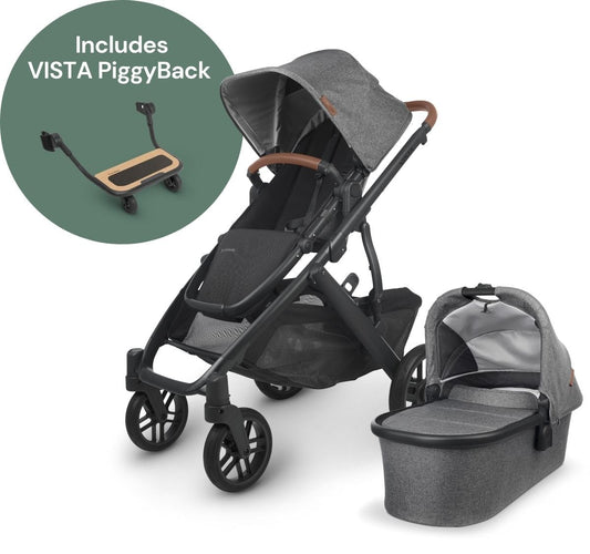 UPPAbaby Vista V2 Single-to-Double Stroller + PiggyBack Ride-Along Bundle - Greyson (Charcoal Melange/Carbon/Saddle Leather) - 0320-VIS-US-GRY-0217
