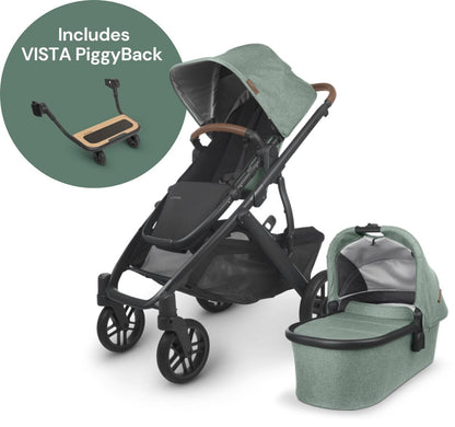 UPPAbaby VISTA V2 Single-to-Double Stroller + PiggyBack Ride-Along Bundle - Gwen (Green Melange / Carbon / Saddle Leather) - 0320-VIS-US-GWN-0217