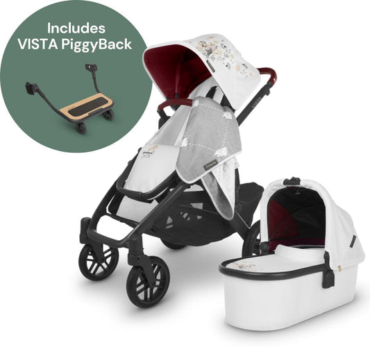 UPPAbaby VISTA V2 Single-to-Double Stroller + PiggyBack Ride-Along Bundle - Jade Rabbit - 0320-VIS-US-RAB-0217