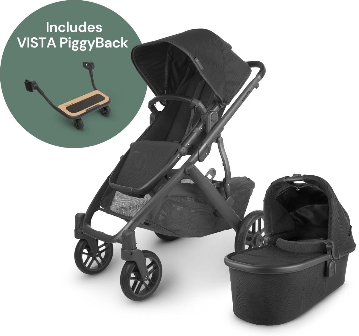 UPPAbaby Vista V2 Single-to-Double Stroller + PiggyBack Ride-Along Bundle - Jake (Black/Carbon/Black Leather) - 0320-VIS-US-JKE-0217