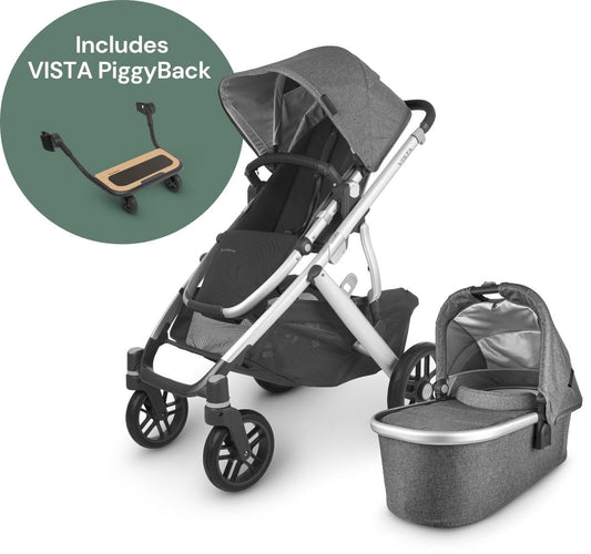 UPPAbaby Vista V2 Single-to-Double Stroller + PiggyBack Ride-Along Bundle - Jordan (Charcoal Melange) - 0320-VIS-US-JOR-0217