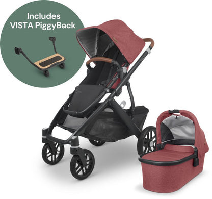 UPPAbaby VISTA V2 Single-to-Double Stroller + PiggyBack Ride-Along Bundle - Lucy - 0320-VIS-US-LCY-0217