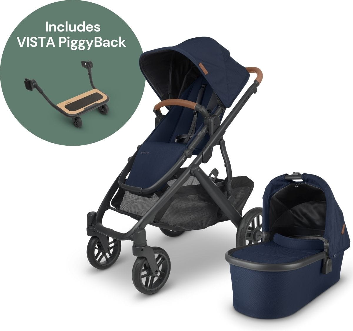 UPPAbaby Vista V2 Single-to-Double Stroller + PiggyBack Ride-Along Bundle - Noa (Navy/Carbon/Saddle Leather) - 0320-VIS-US-NOA-0217