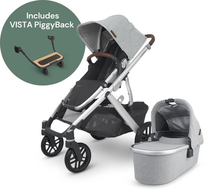 UPPAbaby Vista V2 Single-to-Double Stroller + PiggyBack Ride-Along Bundle - Stella (Brushed Grey Melange) - 0320-VIS-US-STL-0217
