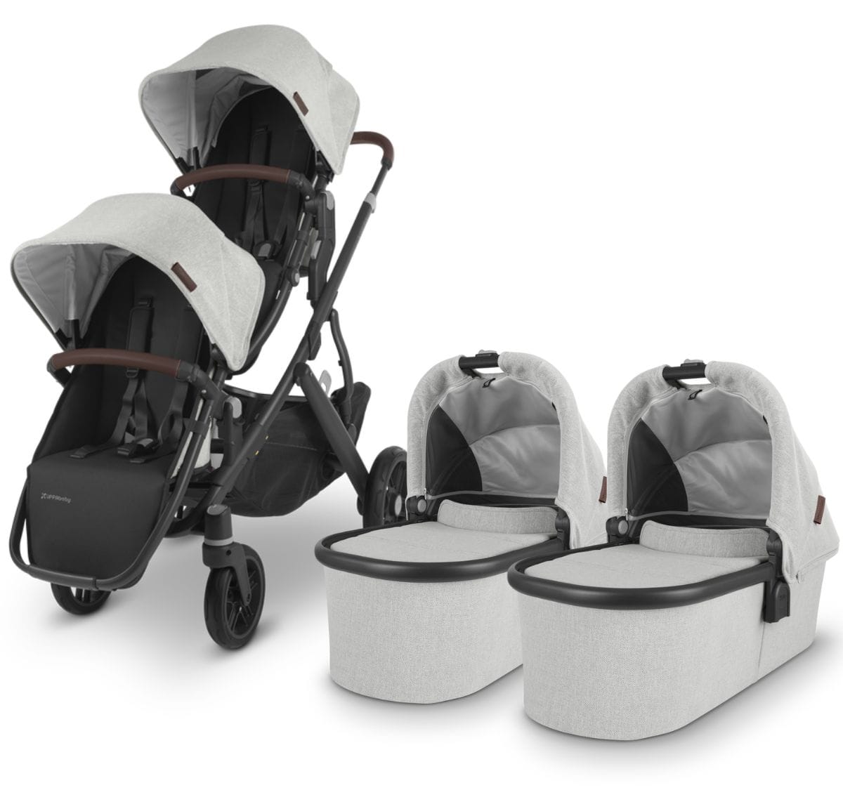 UPPAbaby VISTA V2 Twin Double Stroller Bundle - Anthony (White and Grey Chenille / Carbon / Chestnut Leather) - TWINDBL-0320-VIS-US-ATH