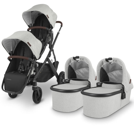 UPPAbaby VISTA V2 Twin Double Stroller Bundle - Anthony (White and Grey Chenille / Carbon / Chestnut Leather) - TWINDBL-0320-VIS-US-ATH
