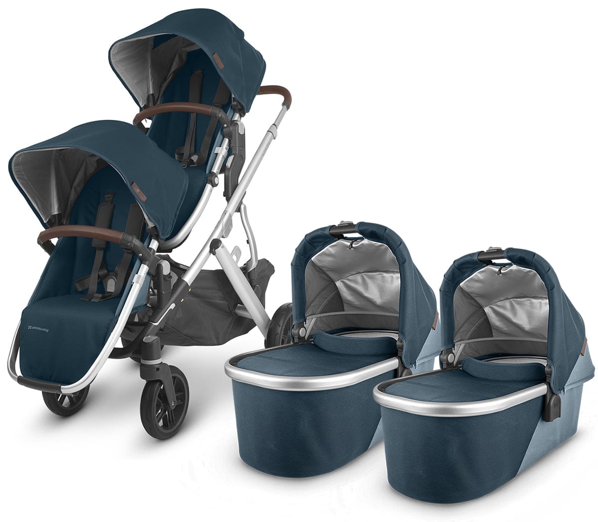 UPPAbaby Vista V2 Twin Double Stroller Bundle - Finn (Deep Sea/Silver/Chestnut Leather) - TWINDBL-0320-VIS-US-FIN