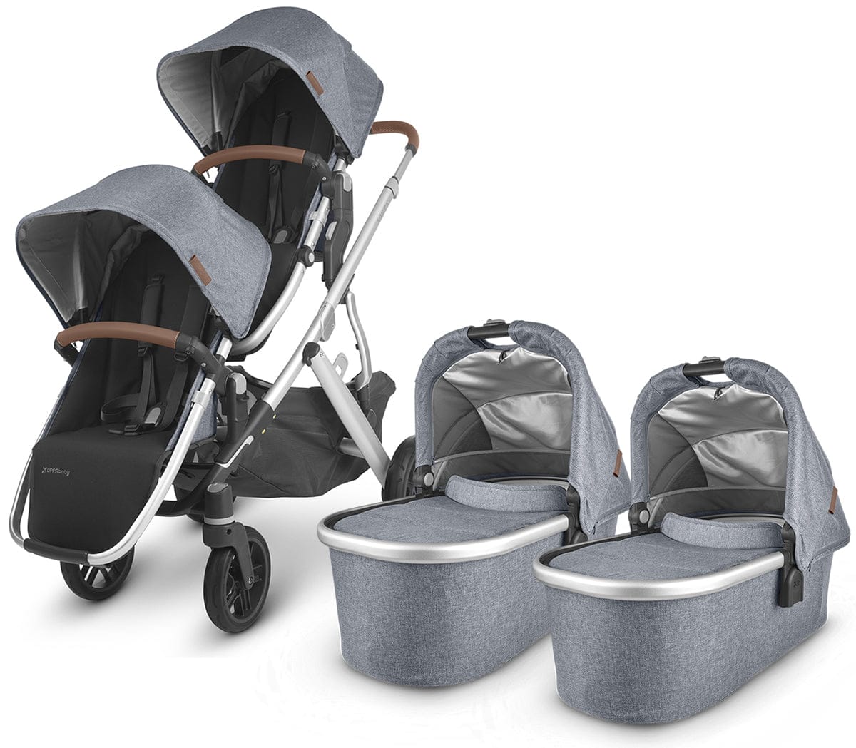 UPPAbaby Vista V2 Twin Double Stroller Bundle - Gregory (Blue Melange/Silver/Saddle Leather) - TWINDBL-0320-VIS-US-GRG
