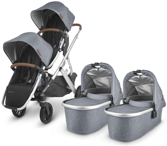 UPPAbaby Vista V2 Twin Double Stroller Bundle - Gregory (Blue Melange/Silver/Saddle Leather) - TWINDBL-0320-VIS-US-GRG