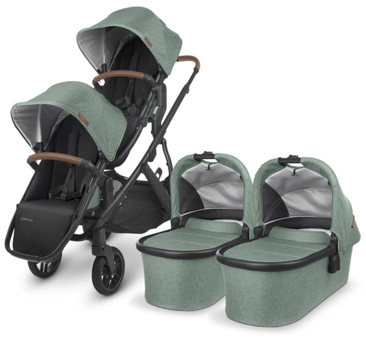 UPPAbaby VISTA V2 Twin Double Stroller Bundle - Gwen (Green Melange / Carbon / Saddle Leather) - TWINDBL-0320-VIS-US-GWN