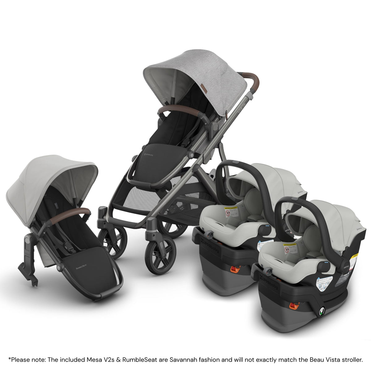 UPPAbaby Vista stroller with RumbleSeat and two Mesa V2 infant car seats