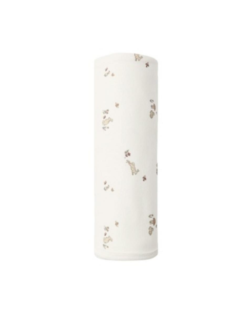 White baby swaddle blanket with small brown rabbit and mushroom print