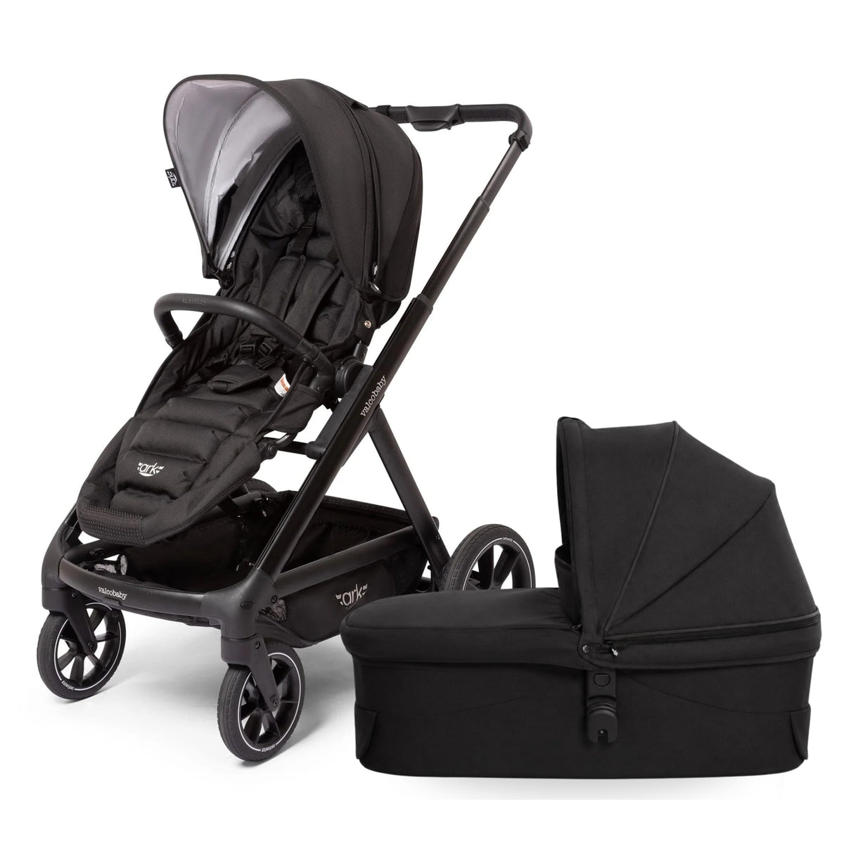 Valco Baby Ark stroller with black seat unit and matching bassinet on white background