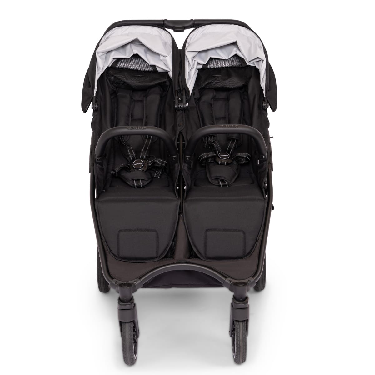 Valco double stroller with black seats and grey canopies