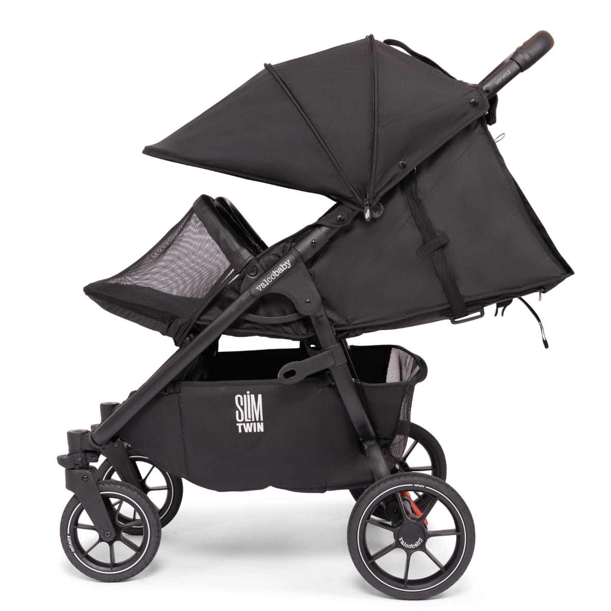 Valco Baby Slim Twin stroller in black viewed from the side